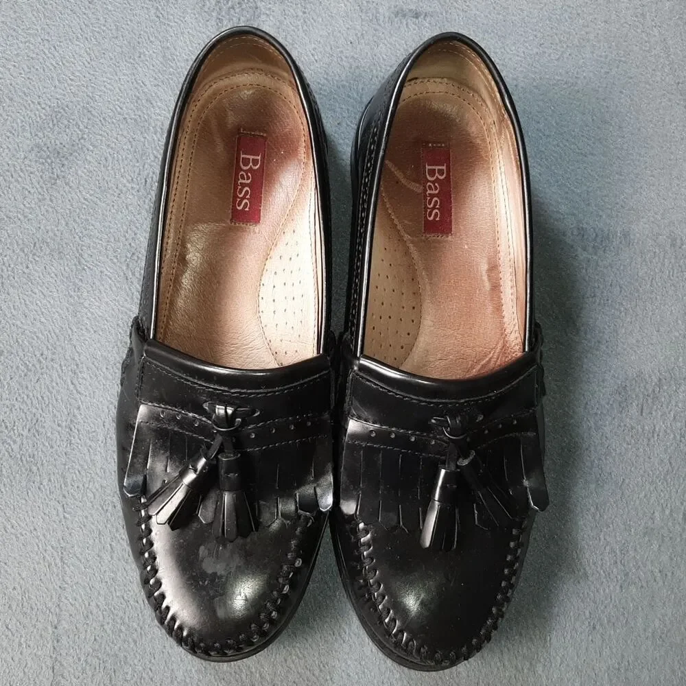 Bass Loafers Mens 11 WIDE Black Leather Penny Dress Shoes Preppy Fringe Tassell